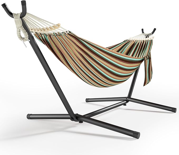 600lbs Hammock with Stand for Outside, 2 Person Portable Hammock with Side Storage, Carrying Bag, Expend Wooden Bar for Outdoor or Indoor (Dark Rainbow)