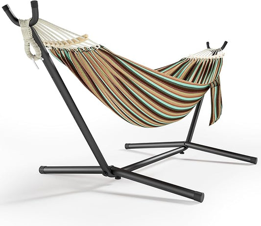 600lbs Hammock with Stand for Outside, 2 Person Portable Hammock with Side Storage, Carrying Bag, Expend Wooden Bar for Outdoor or Indoor (Dark Rainbow)