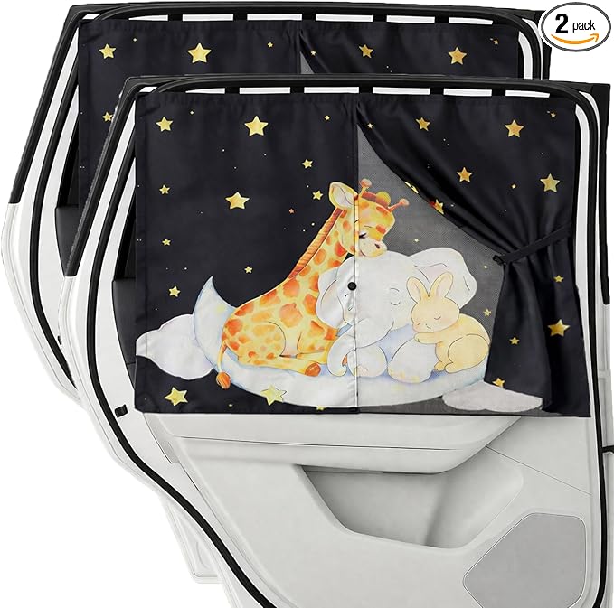 Car Window Shade for Baby, 2 Pack Double Layer with 7 Strong Magnets, Cute Giraffe & Star Design Baby Sun Shade for Car Window, Adjustable Blackout & See-Through Privacy Curtains UV Protection