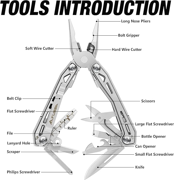 FLISSA 16-in-1 Stainless Steel Multi Tool, Gifts for Men, EDC Multitool with Pocket Knife, Pliers, Belt Clip and Oxford Sheath, Self-locking Utility Multi-Tool for Camping Survival Outdoor