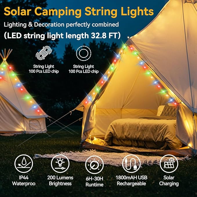 40FT Solar Camping String Lights, Rechargeable String Lights with 8 Modes, Waterproof Outdoor Lights with Delay Closure, Retractable Design & Hooks for Outdoor Patio Awning Garden Party Essentials