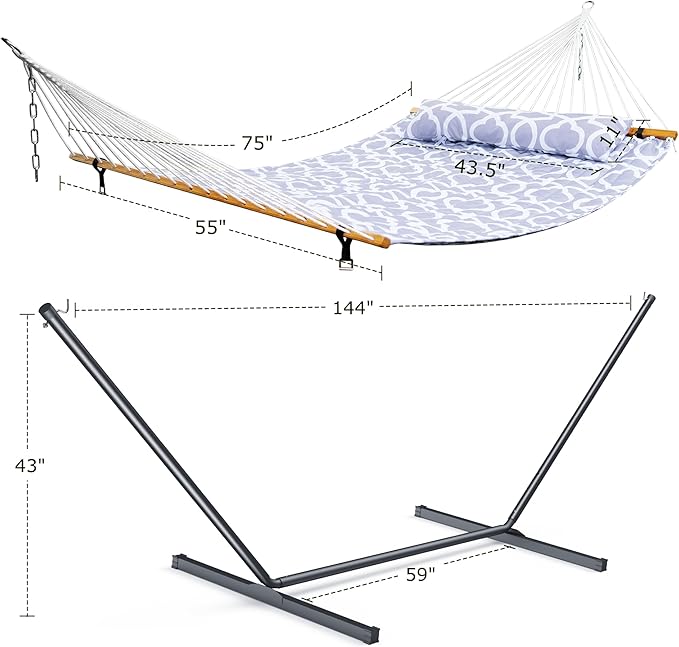 ANAGOO Double Hammock with Stand, Heavy Duty Outdoor Hammock for Two, 500 LBS Capacity, Stable Steel Frame with Balance Strap, Easy Tool-Free Assembly for Patio, Garden, Backyard & Beach,White Grey