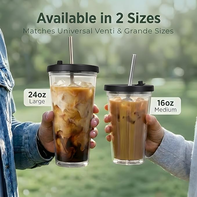 Kensal Home Reusable Iced Coffee Cup (16 Oz/Grande), Leak Proof and Double Wall Insulated Iced Coffee Tumbler, Come with Reusable Plastic and Metal Straws and Straw Cleaner - Black
