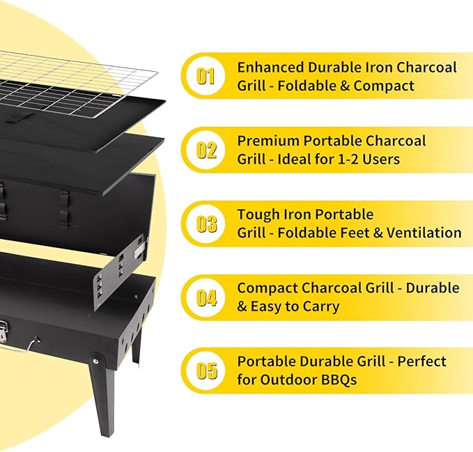Portable Grill with Lid & Adjustable Vents - Foldable Charcoal BBQ for Camping & Picnics | Complete 4-Piece Dining Set Included for Ultimate Outdoor Cooking