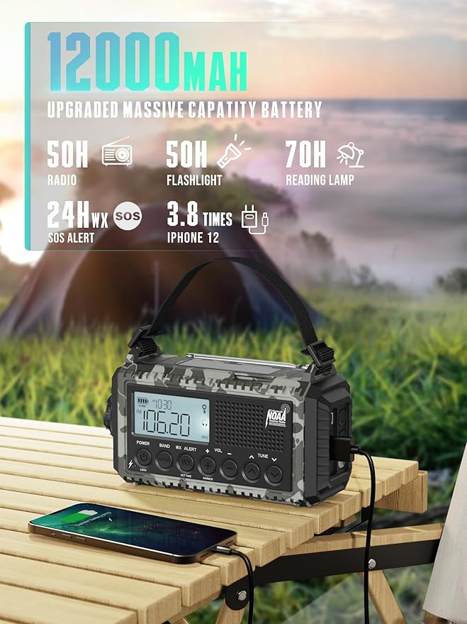 Hand Crank Solar Emergency Radio with 2X Faster Crank,Clear Signal& 12000mAh Battery Operated,Auto NOAA Weather Alert/SW/AM/FM Portable Radio with 6-Way Power,Flashlight, Phone Charger,SOS Alarm