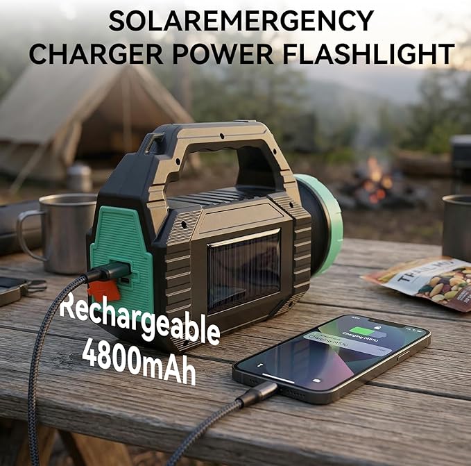 Solar Flashlight, Rechargeable Flashlights, 6 Lighting Modes LED Camping Lantern with Emergency Strobe Light, Type-C&Solar Charging, Emergency Power Supply for Outdoor, Home, Camping, Power Outages