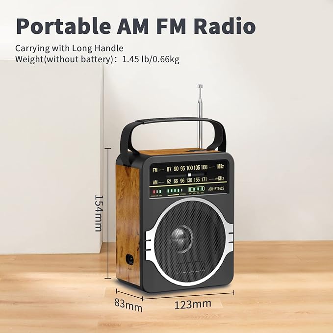 JEUJUG Portable AM FM Radio, Bluetooth 5.0 Radios 5 Watts Loud Speaker,FM Radio Built-in Rechargeable Battery/DC D*4 Cell Battery Operated & AC Power Plug in Wall Retro