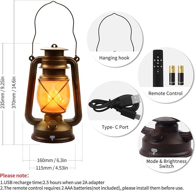 Wondrastical 2 Pack Bronze Vintage 4 Modes LED Lanterns，Rechargeable Flickering Flame Lights Decorative Outdoor&Indoor, Remote Control Waterproof Hanging Lantern for Camping,Patio Garden Pathway