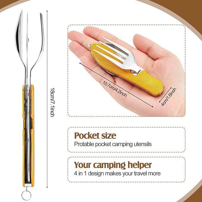 Folding Camping Utensil Set – Stainless Steel Spoon, Fork, Knife & Bottle Opener – Portable Outdoor Tableware, Backpacking Cutlery in Red, Green, Blue, Black, Gold(5 Pcs)