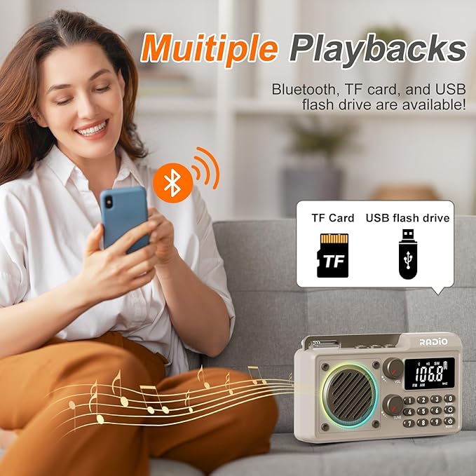 Portable Radio AM FM 1500mAh Rechargeable with Best Reception, Transistor shortwave Radio Wireless Bluetooth Speaker, with Large LCD Screen, Support TF Card U Disk, Earphone, Sleep Timer(Khaki)
