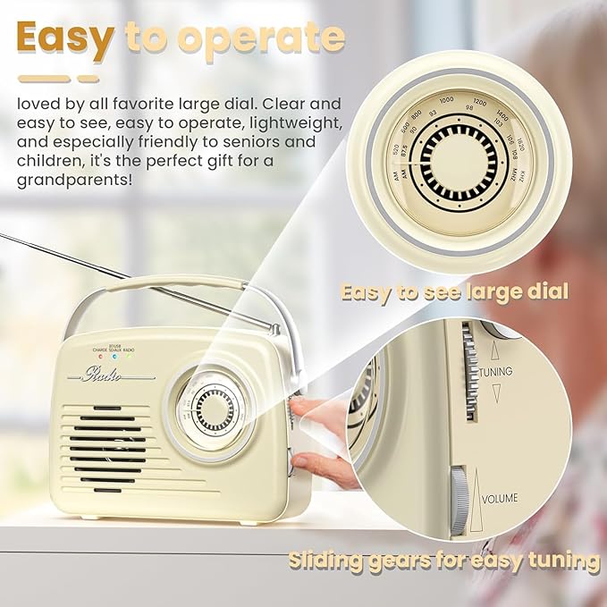 Portable AM FM Radios, Battery Powered and Plug in Wall for Home/Outdoor/Kitchen, Vintage Retro Radio with Bluetooth, Large Dial Easy to Use (p350)