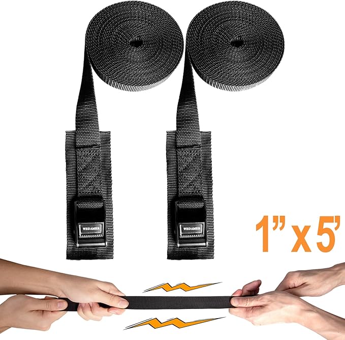 WEDAMER 2 Pack Kayak Tie Down Straps 5ft Cam Buckle Tie Downs Adjustable Kayak Strap for Trucks Motorcycles Boat RV - Ratchet Lashing Straps for Roof Rack Trailer Cargo Packing Securement (1" x 5ft)