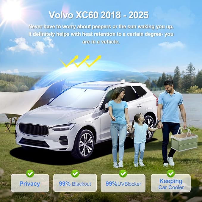 8pcs Car Window Shades for Volvo XC60 2018-2024 2025 Accessories,Windshield Side Rear Full Sunshade,Sun Visor UV Blocking, Privacy Protection and Blackout for Camping Outdoor