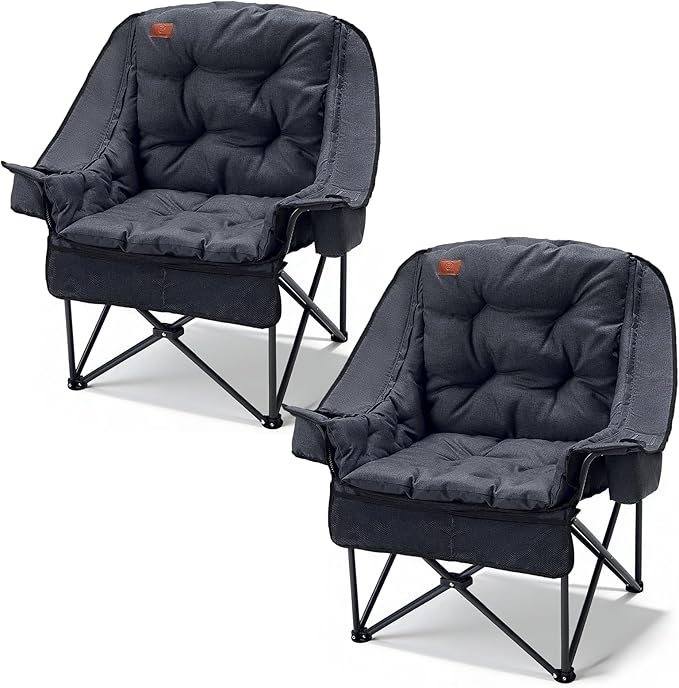 EVER ADVANCED 2 Set Camping Chair with Detachable Cushion, Mesh Chair for Adults Foldable, Oversized Heavy Duty Folding Chair with Cooler Mesh Pocket Cupholder Outdoor Fishing, Supports 400LBS Black