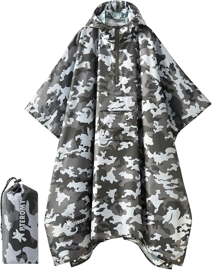 PTEROMY 3-in-1 Hooded Rain Poncho for Adult with Pocket, Waterproof Lightweight Unisex Raincoat for Hiking Camping Emergency