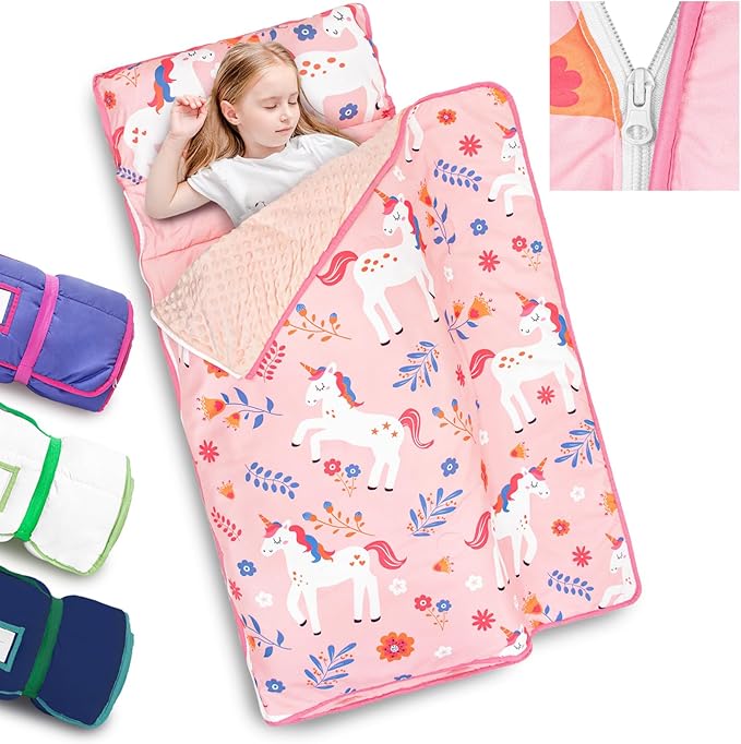 Primlect Toddler Nap Mat with Detachable Blanket and Removable Pillow, Kids Sleeping Bag 55''x35'' for Daycare Preschool Kindergarten, Toddler Sleeping Mat for Boys and Girls