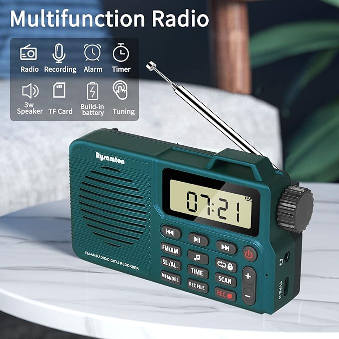 Portable AM/FM Radio, Digital Radio Recorder, Bluetooth 5.0, Alarm and Sleep Function, 12/24H Time Display with Large Digital Display