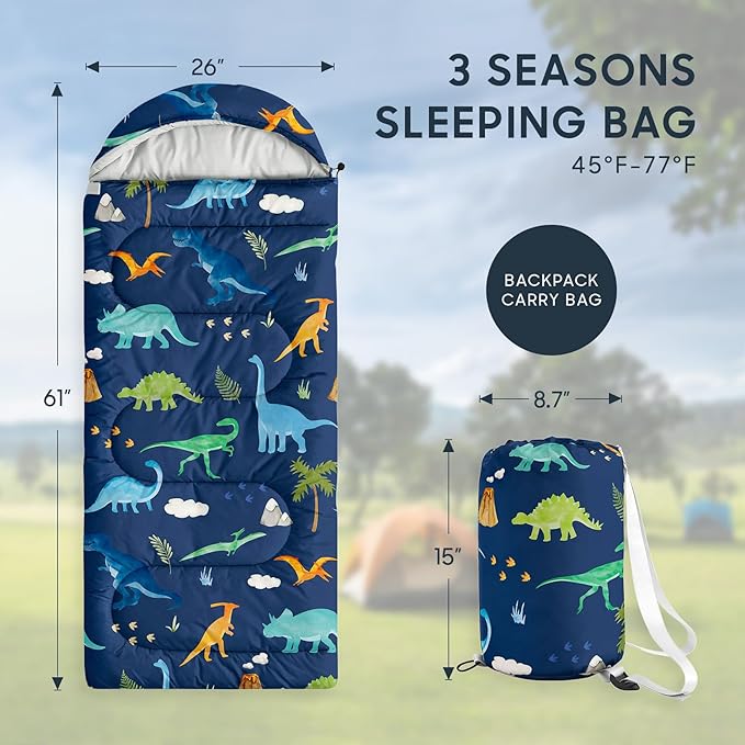 Wake In Cloud - Kids Sleeping Bag for Boys Toddlers, Camping in Warm Cold Weather, Backpacking Lightweight Compact Outdoor Liner for 3 Seasons, Watercolor Dinosaurs