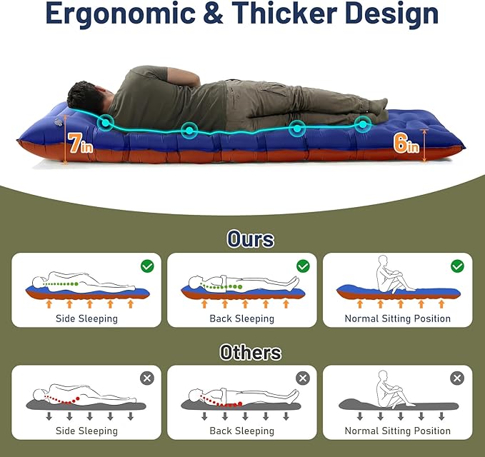KASBAH Camping Sleeping Pad,Extra Wide 6 inch Thick Inflatable Sleeping Pads with Built-in Foot Pump and Pillow,Ultralight Camping Mat Gear for Outdoor Hiking,Camping