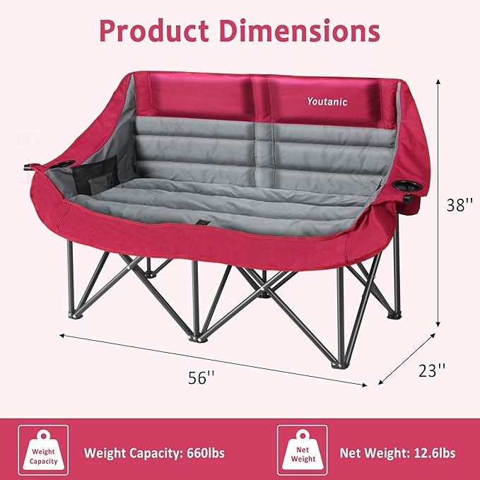 Youtanic Oversized Double Camping Chair, Folding Loveseat Camping Couch with Pocket, Cup Holder and Carry Bag, Heavy Duty Portable Camping Chairs for Adults, Fishing, Sports, Trip, up to 660lbs, Red