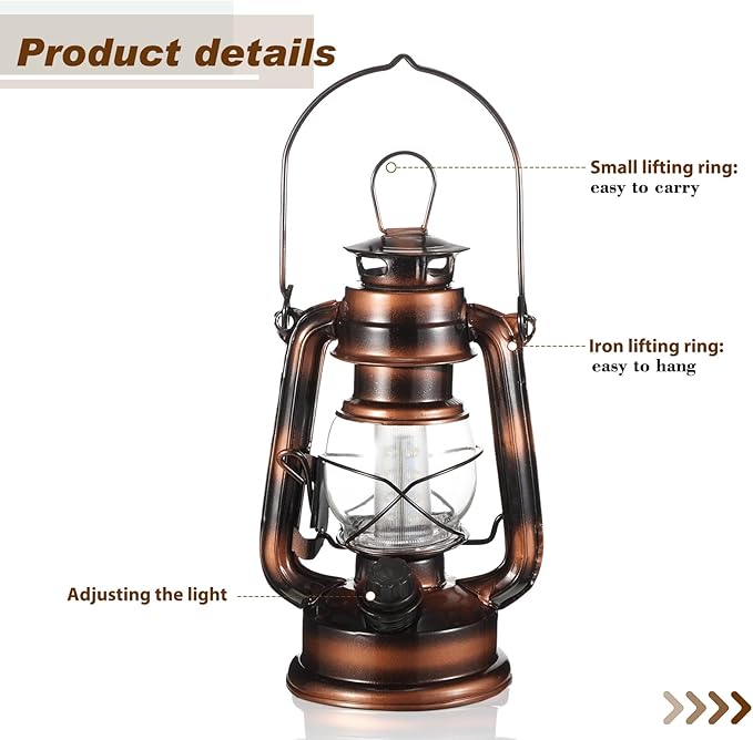Hortsun 2 Pcs 8 Inch Vintage LED Hurricane Lantern Warm LEDs and Dimmer Switch Battery Operated Farmers Hanging Lantern for Indoor Outdoor Camping Usage Decor