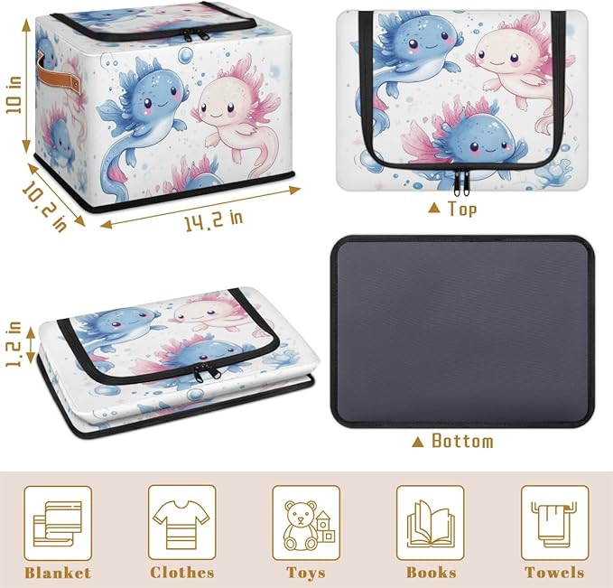 Ocean Axolotls Storage Bins With Zipper Lid, Trunk Organizer, Car Organizers and Storage Bins with Lids, Decorative Storage Boxes with Handle, Home Storage Baskets for Organizing