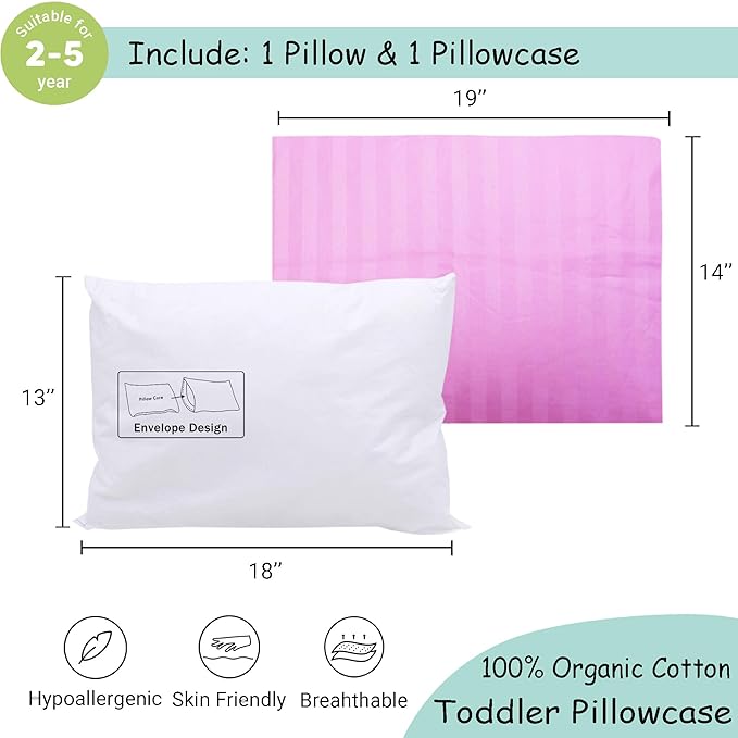 ZPECC Toddler Pillow with Pillowcase - 13x18 Organic Cotton Hypoallergenic Kids Pillow, Baby Essentials for Travel Crib Daycare Stroller (Intended for Age 2 and up) Pink Stripe