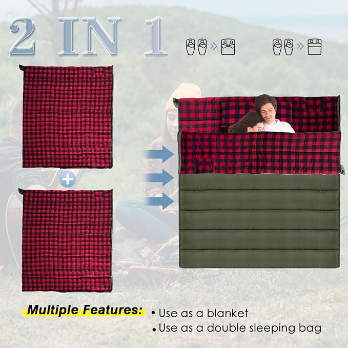 Keencamp 0 Degree Sleeping Bag Cotton Flannel Winter Cold Weather for Adults XXL Sleeping Bag 4 Season Big and Tall with Pillow Compression Sack