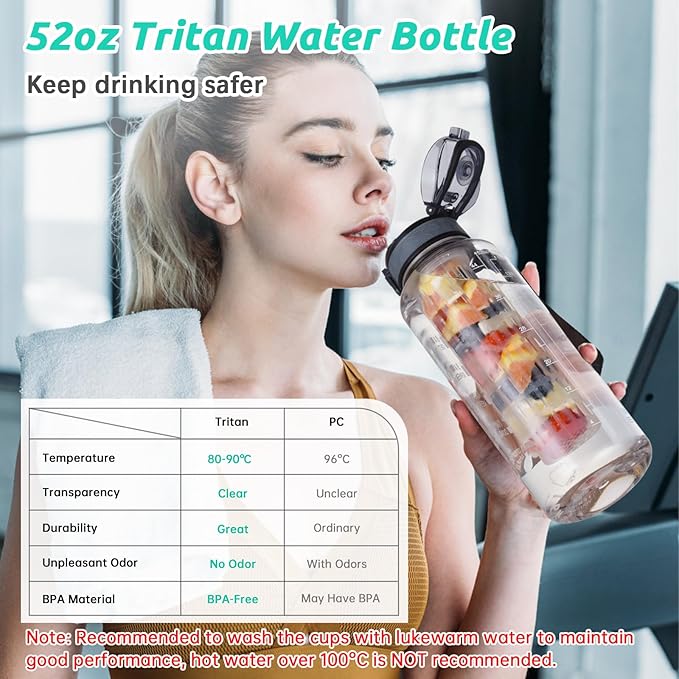 UTEBIT 52 OZ Fruit Infuser Water Bottle, Half Gallon Insulated Sports Water Bottle With Straw, 1.5L BPA Free Leak Proof Tritan Large Water Jug with Strap for Gym, Camping, Travel, Outdoor