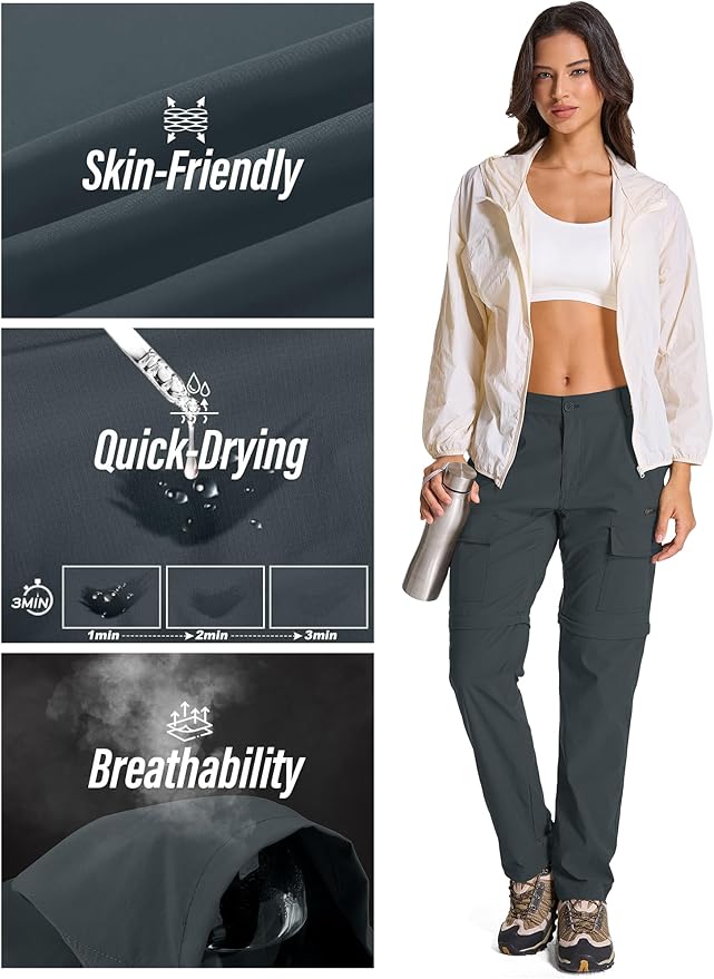 Womens Hiking Pants Convertible Quick Dry Stretch Lightweight Zip Off Outdoor Safari Pants with Cargo Pockets
