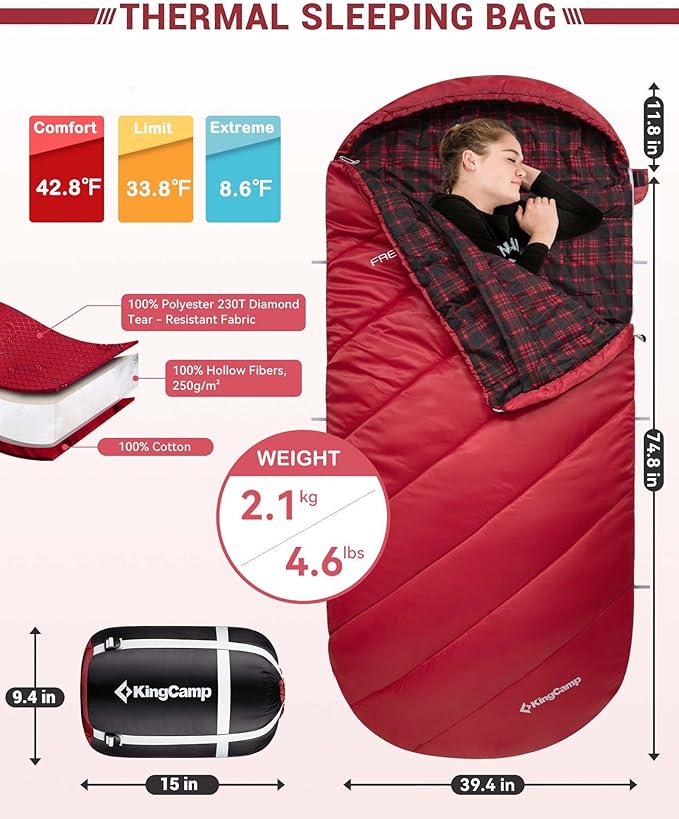 KingCamp Sleeping Bag for Adults, Cold Weather & Warm Extra Wide Big & Tall XL Portable Waterproof Flannel Sleeping Bags, Essentials Gear Accessories for Camping Backpacking Hiking Indoor & Outdoor