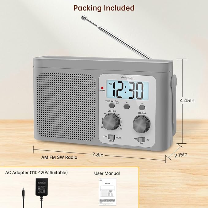 DreamSky AM FM Radio Portable - Shortwave Radio Battery Powered or Plug in Wall for Home Outdoor, Strong Reception, Large Dial Easy to Use, Digital Time Display, Transistor Antenna, Seniors Small Gift