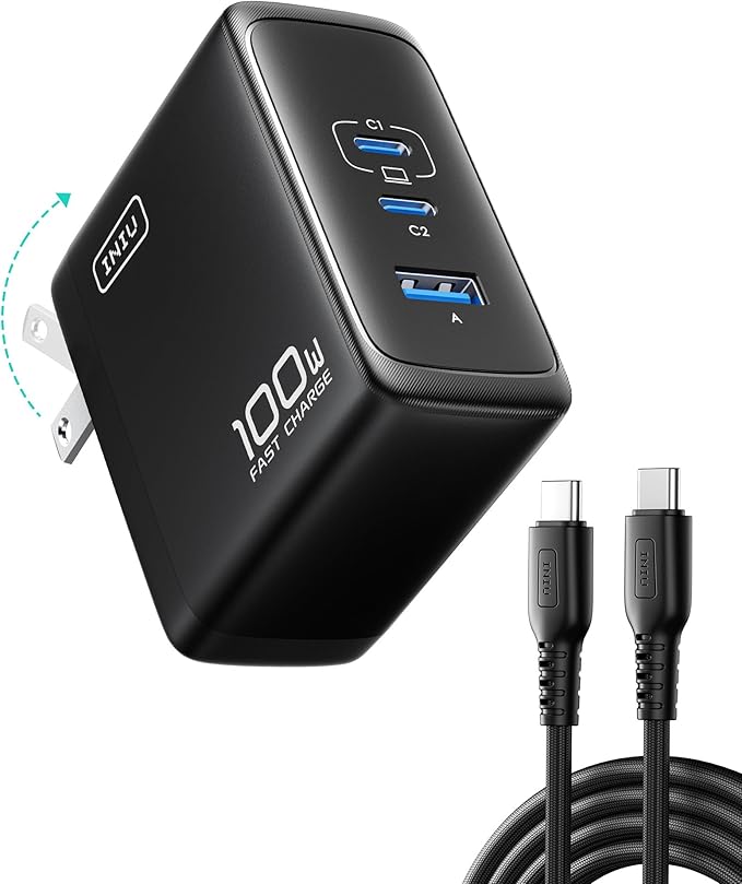 INIU for MacBook Pro Charger, 100W GaN Tech Fast Charging, 3-Port Compact Foldable Charger with USB C Cable, Power Adapter for Mac Book, iPhone 17, Samsung S25, Switch, Photographers, Outdoor, Travel
