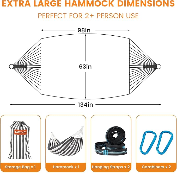 Lazy Daze Hammocks Double Brazilian Cotton Hammock, Extra Large Portable Outdoor Camping Hammock with Tree Straps & Travel Bag for Backyard Patio Poolside Indoor, 550lbs Capacity, Black & White