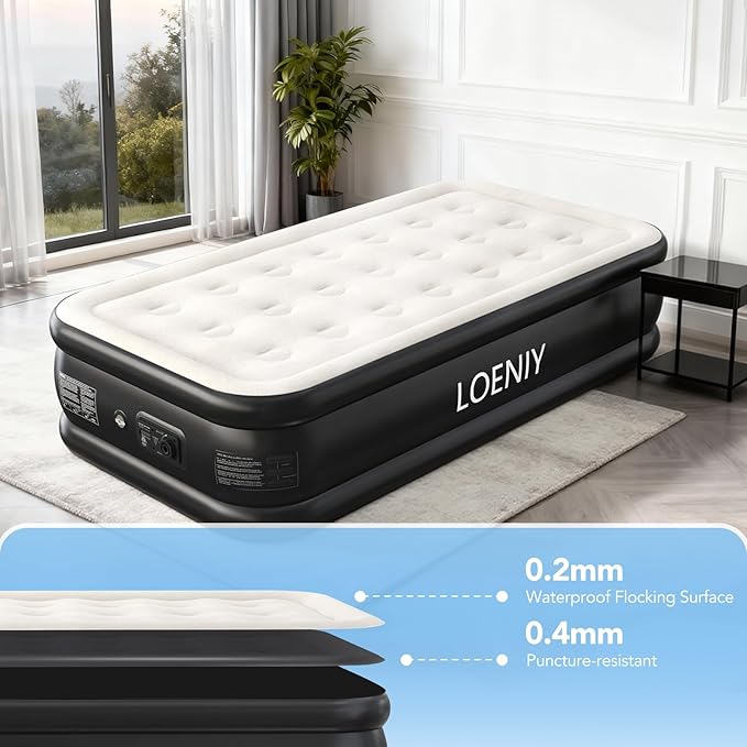 Twin Air Mattress with Built-in Pump, 18” High Inflatable Mattress with Storage Bag, 2 Mins Easy Inflation/Deflation Blow up Mattress, Flocked Top Inflatable Bed for Camping, Adults & Guests