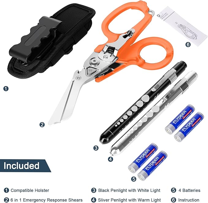 6 In1 Multifunction Emergency Response Shears, Stainless Steel Foldable Trauma Shears with Strap Cutter and Glass Breaker,Medical Scissors with Holster and Penlight Orange