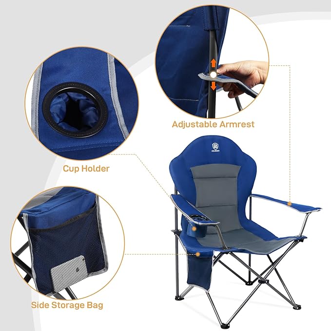 EVER ADVANCED Folding Camping Chair with High Back Padded 2 Pack Oversized Portable Lawn Chairs Lightweight Sturdy Steel Foldable Outdoor Camp Chair for Adults,Grey