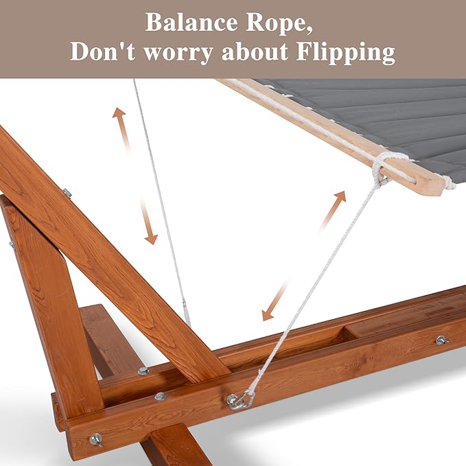 SUNCREAT Hammocks Double Cotton Rope Hammock with Polyester Pad, Heavy Duty Hammock with Wooden Stand, Dark Gray