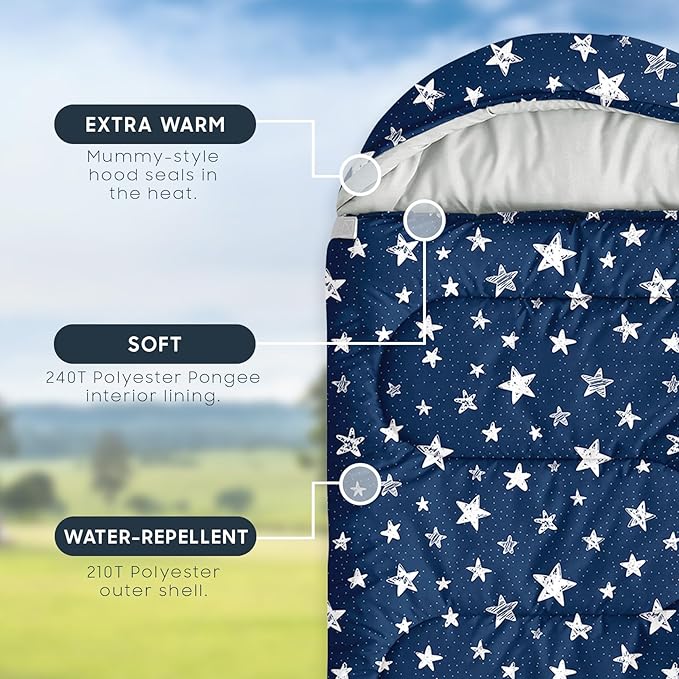 Wake In Cloud - Star Kids Sleeping Bag for Boys Girls Toddlers, Camping in Warm Cold Weather, Backpacking Lightweight Compact Outdoor Liner for 3 Seasons Summer Spring Fall