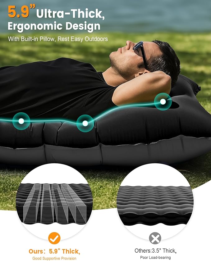 Camping Sleeping Pad,5.9 Inch Thick Camping Mat with Built in Pillow and Foot Pump,Self Inflating Sleeping Pad for Camping Backpacking（Green