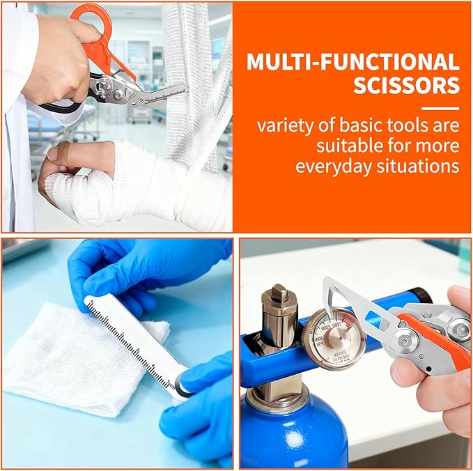 Folding Trauma Shears for EMT Accessories, 6 in 1 Multi-function Medical Shears with Holster for Outdoor Camping, Emergency Rescue, First Responders (Black-Orange)