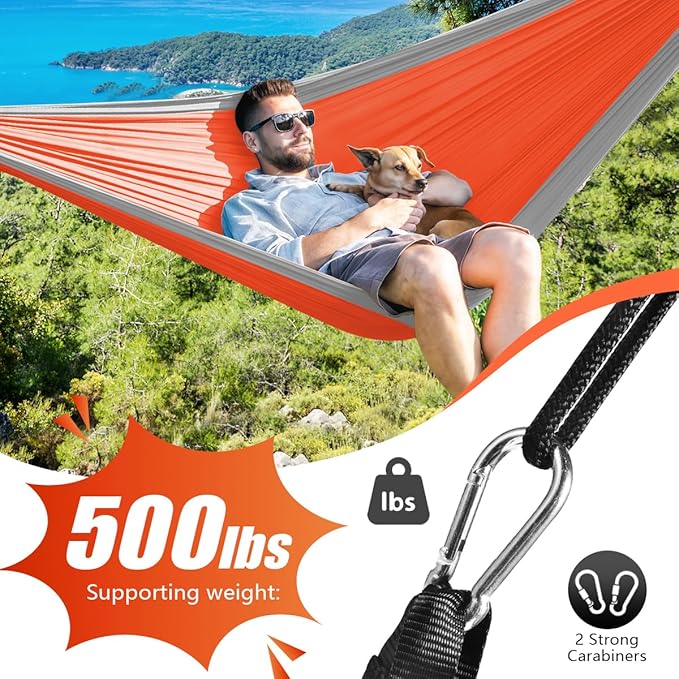 OBTANIM Camping Hammock 500lbs Portable Lightweight Single or Double Hammock with Tree Straps and Carry Bag for Camping Backpacking Hiking Travel Beach Outdoor Indoor (Gray and Orange)