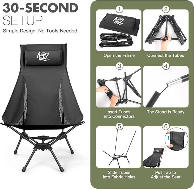 AuroraTrail High Back Folding Camping Chair with Pillow – Lightweight Portable Outdoor Chair with Cup Holder & Carry Bag, Sturdy Aluminum Frame Supports up to 374 lb for Camping, Hiking & Festivals