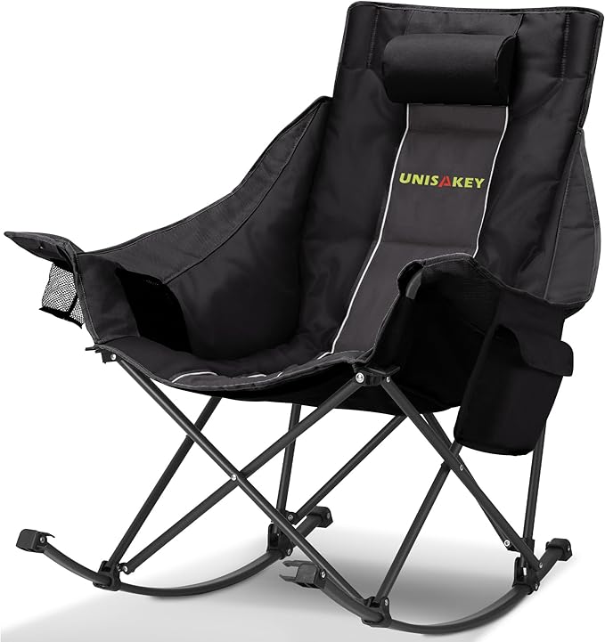 Unisakey Oversized Rocking Camping Chair with Headrest & Cup Holder - 400lbs Capacity, 600D Oxford Fabric, Easy Fold Portable Outdoor Rocker Chair for Camping, Backyard, Beach, Deep Gray