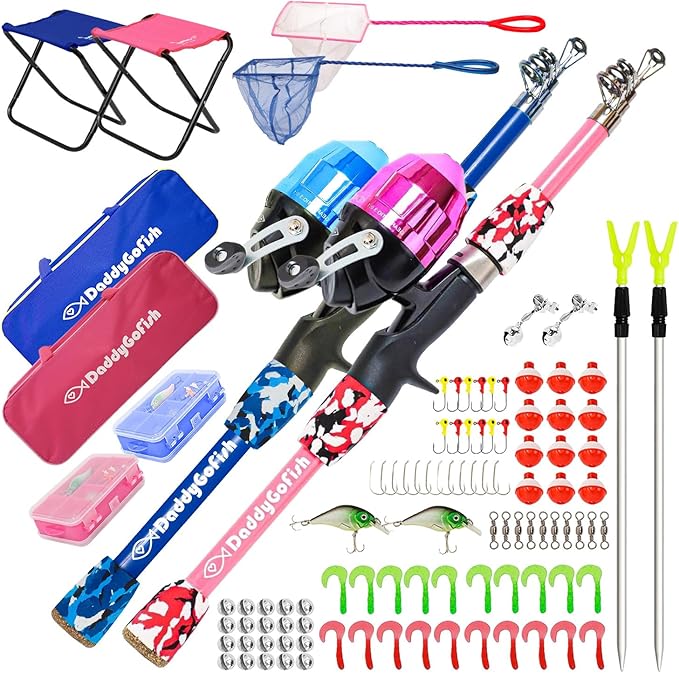DaddyGoFish Kids Fishing Pole - Rod Reel Combo Tackle Box Starter Set - First Year Small Dock Gear Kit for Boys Girls Toddler Youth Age Beginner Little Children Junior Anglers