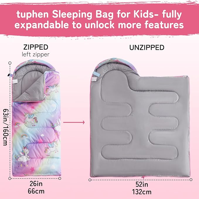 tuphen Kids Sleeping Bag - 50-77℉ 3-Season Waterproof Sleeping Bag for Boys & Girls, Lightweight 2.2 lbs Camping Gear with Compression Bag Ideal for Camping, Hiking, Indoor