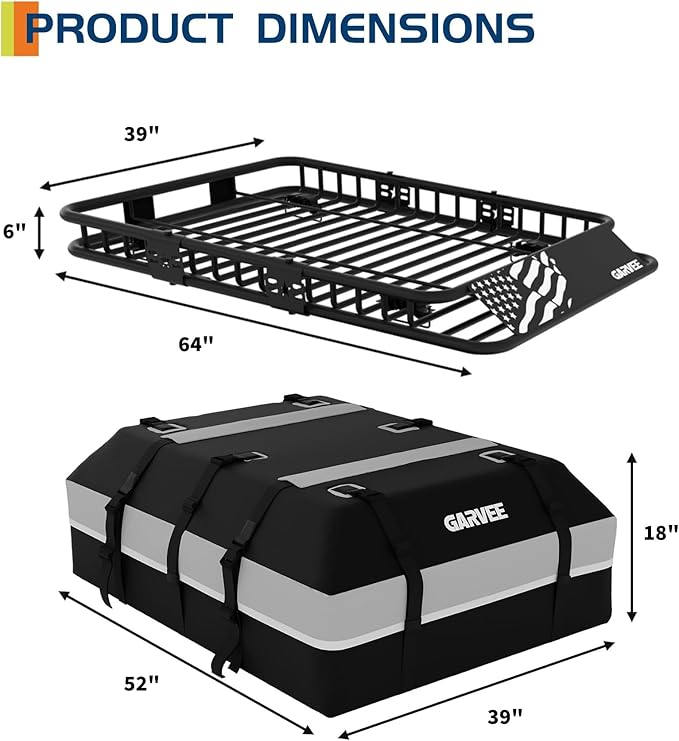 GarveeLife 64" x 39" Universal Roof Rack Basket, 200 Lbs Capacity Rooftop Cargo Carrier Basket with 21 Cubic Feet (52" x 39") Waterproof Luggage Bag, for Suvs, Trucks, Vehicles