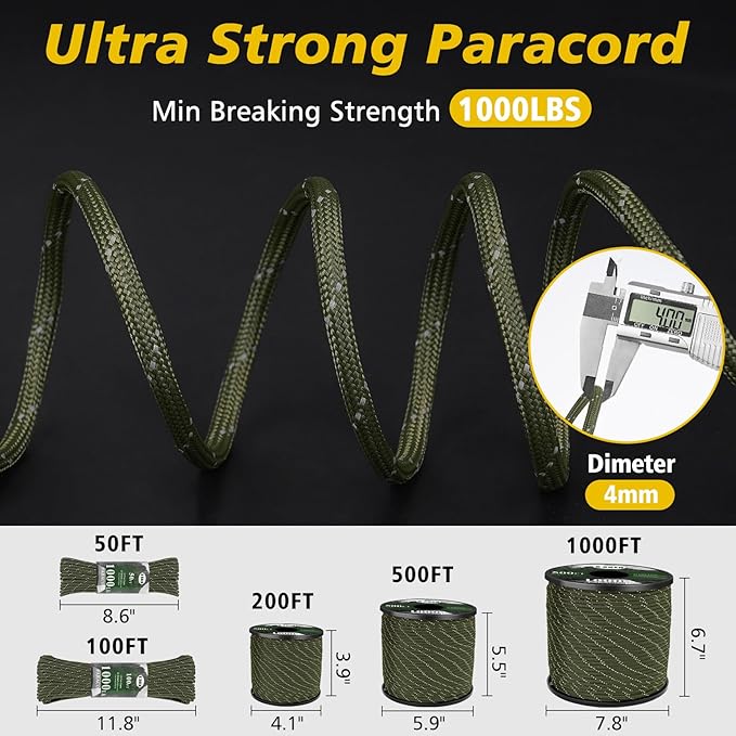 X XBEN Paracord Reflective 1000lb, 50/100/200/500/1000ft 4mm, 13 Strand Parachute Spool Cord, Heavy Duty Paracord Rope for Camping, Fishing, Hiking, Hunting, DIY Crafts, Black