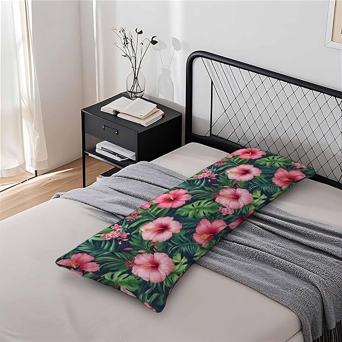 Decorative Home Body Pillow Covers Tropical Leaves, Breathable Body Cushion Cases Hawaii Hibiscus Palms Lumbar Pillow Cover Soft Body Pillowcase for Bedroom Couch Sofa 20x54 Inch Green Red