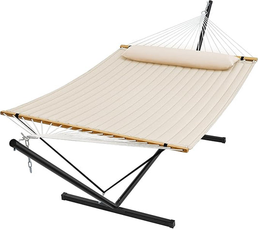 SUPERJARE Hammock with Stand, 2 Person Quilted Outdoor Hammock, Detachable Pillow & Bamboo Spreaders, Portable Hammock with Carrying Bag, Heavy Duty Stand, Perfect for Outside, Patio, Cream Beige